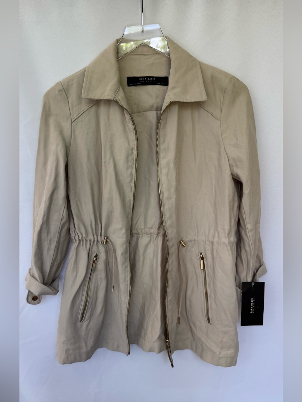 Zara Beige Drawstring Utility Jacket with Gold Hardware